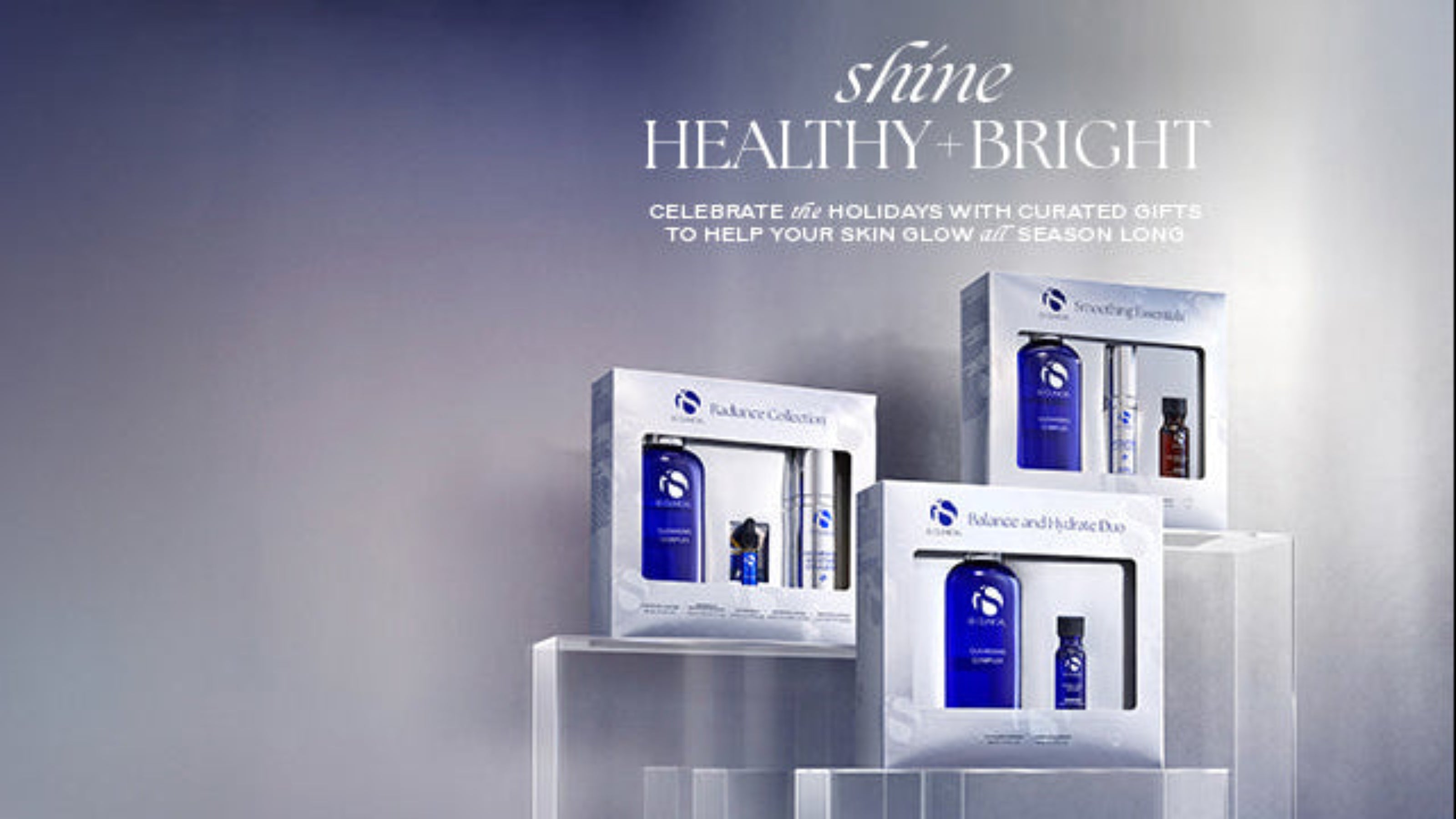 Cosmetic product display with 'Shine Healthy & Bright' text on a gradient background